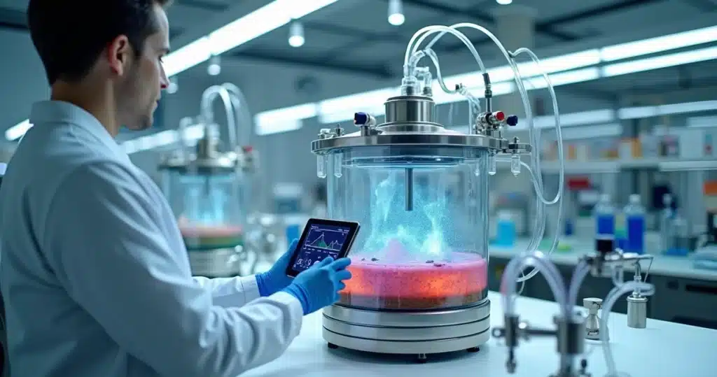Cientista ajustando painel de biorreator de bancada em laboratório moderno