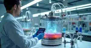 Cientista ajustando painel de biorreator de bancada em laboratório moderno